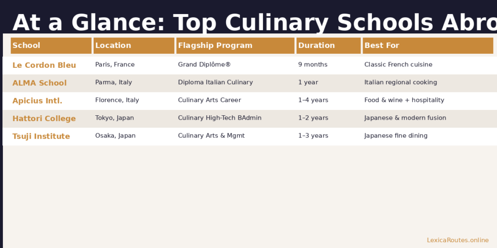 An informational education table titled At a Glance: Top Culinary Schools Abroad on LexicaRoutes.online. The structured comparison matrix lists five prominent global institutions with corresponding data rows across five categories: School, Location, Flagship Program, Duration, and Best For. The entries break down as follows: Le Cordon Bleu (Paris, France; Grand Diplôme®; 9 months; Classic French cuisine), ALMA School (Parma, Italy; Diploma Italian Culinary; 1 year; Italian regional cooking), Apicius Intl. (Florence, Italy; Culinary Arts Career; 1–4 years; Food & wine + hospitality), Hattori College (Tokyo, Japan; Culinary High-Tech BAdmin; 1–2 years; Japanese & modern fusion), and Tsuji Institute (Osaka, Japan; Culinary Arts & Mgmt; 1–3 years; Japanese fine dining).