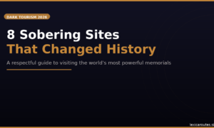 A featured promotional banner titled 8 Sobering Sites That Changed History under an orange DARK TOURISM 2026 badge and the subtitle A respectful guide to visiting the world's most powerful memorials on lexicaroutes.site. The minimalist dark navy layout incorporates a subtle graphic pattern of thin, white concentric circular arcs sweeping across the right side.