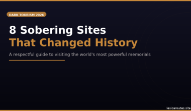 A featured promotional banner titled 8 Sobering Sites That Changed History under an orange DARK TOURISM 2026 badge and the subtitle A respectful guide to visiting the world's most powerful memorials on lexicaroutes.site. The minimalist dark navy layout incorporates a subtle graphic pattern of thin, white concentric circular arcs sweeping across the right side.