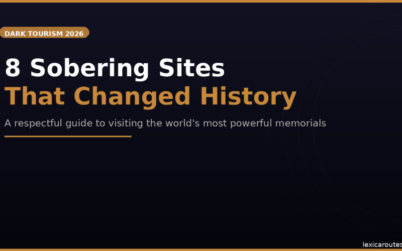 A featured promotional banner titled 8 Sobering Sites That Changed History under an orange DARK TOURISM 2026 badge and the subtitle A respectful guide to visiting the world's most powerful memorials on lexicaroutes.site. The minimalist dark navy layout incorporates a subtle graphic pattern of thin, white concentric circular arcs sweeping across the right side.