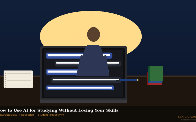 A featured promotional banner titled How to Use AI for Studying Without Losing Your Skills on lexicaroutes.site, with a bottom left credit reading lexicaroutes.site | Education | Student Productivity and a Lexica Routes logo in the bottom right corner. Set against a dark navy room backdrop under a large oval yellow lamp glow, a student silhouette is shown from behind sitting in front of an open laptop displaying white text lines with blue borders. The dark brown desk surface features a white spiral notebook on the far left and a small stack of green, blue, and red textbooks on the right accompanied by a horizontal blue pen.
