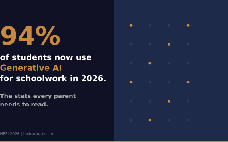 A featured promotional banner split vertically down the middle into two distinct dark navy panels on lexicaroutes.site. The left panel showcases large typography stating 94% in gold, over white text that reads "of students now use Generative AI for schoolwork in 2026." Beneath it, a gray subtitle reads, "The stats every parent needs to read," with a small source line reading HEPI 2026 | lexicaroutes.site at the bottom left. The right panel features a minimalist 4x6 grid design made up of subtle blue dots accented by scattered gold geometric dot indicators.