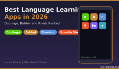 A featured promotional banner titled Best Language Learning Apps in 2026 under the subtitle Duolingo, Babbel and Rivals Ranked on lexicaroutes.site, with a bottom left tag reading Lexica Routes | Education & Travel. The dark navy layout displays four horizontal pill badges representing featured software platforms: Duolingo (bright green), Babbel (gold), Pimsleur (light blue), and Rosetta Stone (orange). The right side of the graphic displays a dark smartphone mockup framed with an orange border. The smartphone screen shows a 2x3 grid of six colorful rounded application icons: D (green), B (gold), P (blue), R (orange), Bu (purple), and a plus symbol (teal), over the small text label Ranked for 2026.