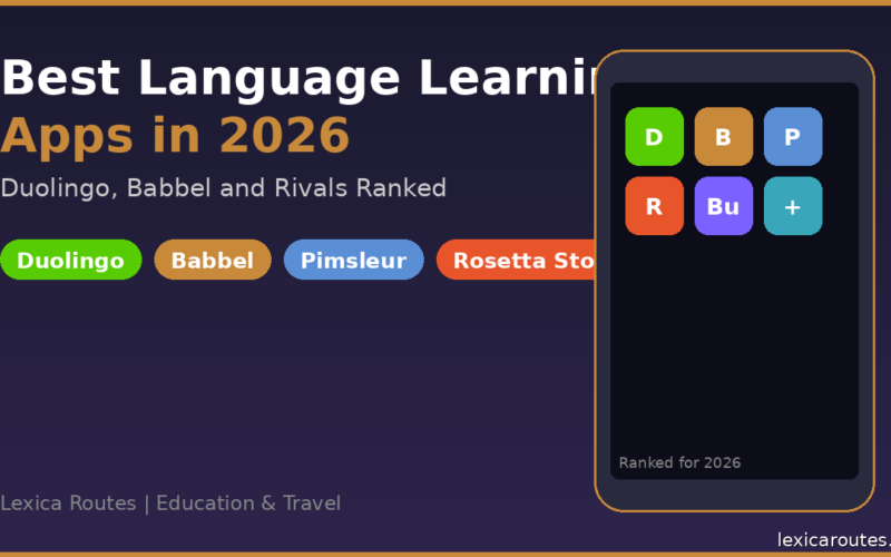 A featured promotional banner titled Best Language Learning Apps in 2026 under the subtitle Duolingo, Babbel and Rivals Ranked on lexicaroutes.site, with a bottom left tag reading Lexica Routes | Education & Travel. The dark navy layout displays four horizontal pill badges representing featured software platforms: Duolingo (bright green), Babbel (gold), Pimsleur (light blue), and Rosetta Stone (orange). The right side of the graphic displays a dark smartphone mockup framed with an orange border. The smartphone screen shows a 2x3 grid of six colorful rounded application icons: D (green), B (gold), P (blue), R (orange), Bu (purple), and a plus symbol (teal), over the small text label Ranked for 2026.