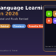 A featured promotional banner titled Best Language Learning Apps in 2026 under the subtitle Duolingo, Babbel and Rivals Ranked on lexicaroutes.site, with a bottom left tag reading Lexica Routes | Education & Travel. The dark navy layout displays four horizontal pill badges representing featured software platforms: Duolingo (bright green), Babbel (gold), Pimsleur (light blue), and Rosetta Stone (orange). The right side of the graphic displays a dark smartphone mockup framed with an orange border. The smartphone screen shows a 2x3 grid of six colorful rounded application icons: D (green), B (gold), P (blue), R (orange), Bu (purple), and a plus symbol (teal), over the small text label Ranked for 2026.