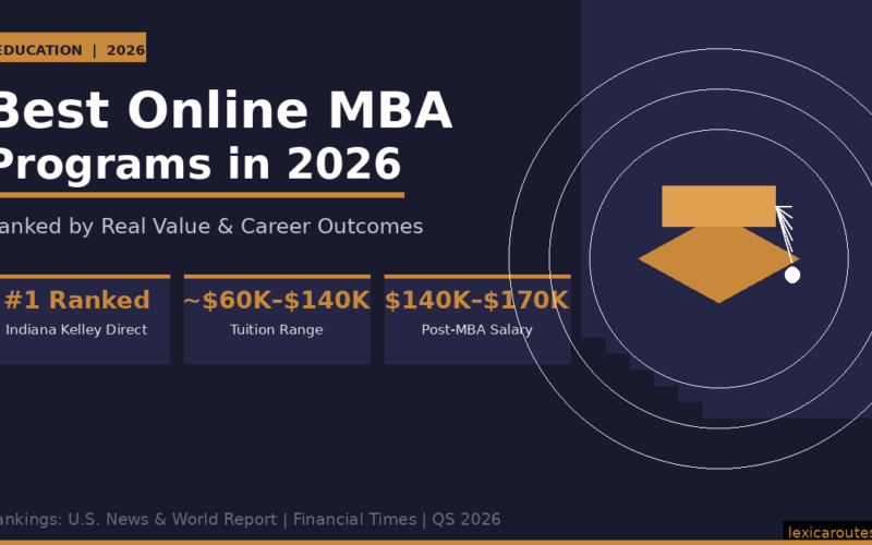 A featured promotional banner titled Best Online MBA Programs in 2026 under a gold EDUCATION | 2026 tag and the subtitle Ranked by Real Value & Career Outcomes on lexicaroutes.site. The dark blue layout displays a minimalist gold graduation cap icon enclosed in white concentric target circles on the right, above a faint step pyramid silhouette. The lower left features three side-by-side dark blocks with gold metrics: #1 Ranked (Indiana Kelley Direct), ~$60K-$140K (Tuition Range), and $140K-$170K (Post-MBA Salary). The bottom footer reads Rankings: U.S. News & World Report | Financial Times | QS 2026.