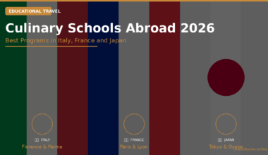 featured promotional banner titled Culinary Schools Abroad 2026 under an EDUCATIONAL TRAVEL badge, subtitled Best Programs in Italy, France and Japan on LexicaRoutes.online. The abstract geometric design uses thick vertical color bands of forest green, grey, deep crimson, and navy blue. The bottom section maps out three targeted culinary destinations with hollow gold circle icons: ITALY (Florence & Parma), FRANCE (Paris & Lyon), and JAPAN (Tokyo & Osaka), with a large solid maroon circle sitting above the Japan section.