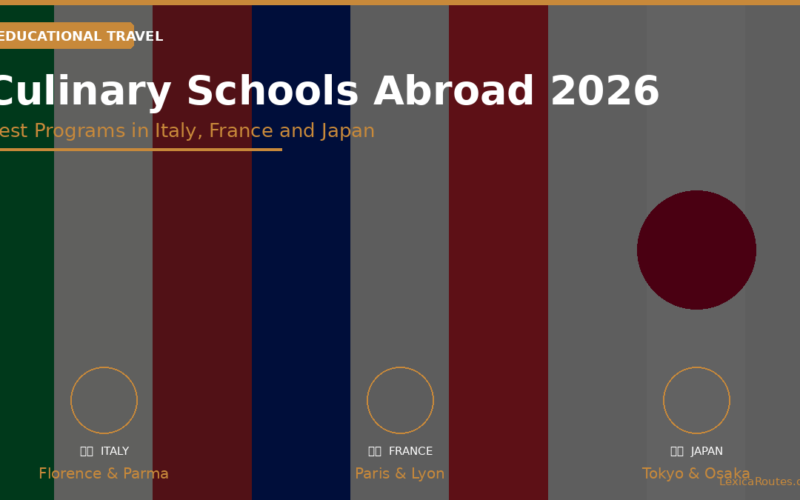 featured promotional banner titled Culinary Schools Abroad 2026 under an EDUCATIONAL TRAVEL badge, subtitled Best Programs in Italy, France and Japan on LexicaRoutes.online. The abstract geometric design uses thick vertical color bands of forest green, grey, deep crimson, and navy blue. The bottom section maps out three targeted culinary destinations with hollow gold circle icons: ITALY (Florence & Parma), FRANCE (Paris & Lyon), and JAPAN (Tokyo & Osaka), with a large solid maroon circle sitting above the Japan section.