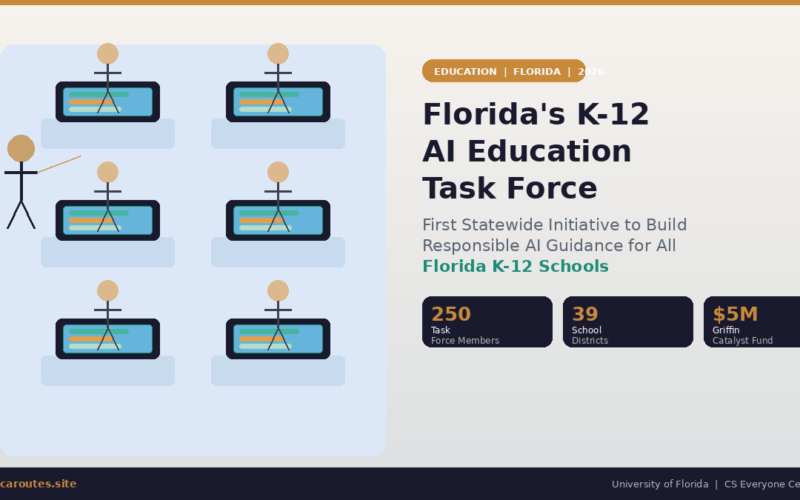 A featured promotional banner titled Florida's K-12 AI Education Task Force under an orange category badge reading EDUCATION | FLORIDA | 2026 on lexicaroutes.site, with a navy footer reading University of Florida | CS Everyone Center. Set against a light gray backdrop, the left side displays a light blue classroom layout panel containing six student stick figures seated at desks with blue computer monitors, faced by an instructor stick figure holding a pointer. To the right, text describes the project as the "First Statewide Initiative to Build Responsible AI Guidance for All Florida K-12 Schools," positioned above three dark navy metric boxes: 250 Task Force Members, 39 School Districts, and $5M Griffin Catalyst Fund.