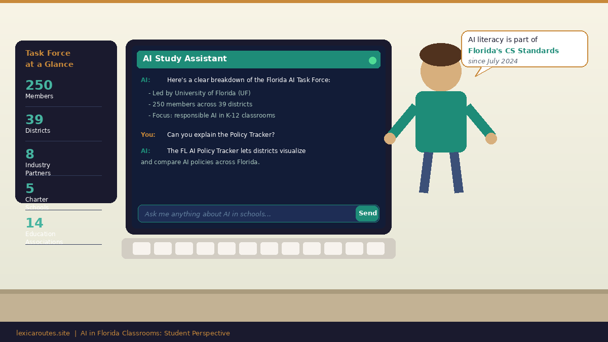 An informational education infographic titled AI in Florida Classrooms: Student Perspective on lexicaroutes.site. Set against a light cream-and-brown background, a large dark navy chatbot panel in the center labeled "AI Study Assistant" shows a dialogue detailing the Florida AI Task Force, highlighting its leadership by the University of Florida (UF), 250 members across 39 districts, and a focus on responsible AI in K-12 classrooms. To the left, a dark vertical panel titled "Task Force at a Glance" lists metrics: 250 Members, 39 Districts, 8 Industry Partners, 5 Charter Schools, and 14 Education Associations. On the right, a stylized vector illustration of a student is shown with a speech bubble reading "AI literacy is part of Florida's CS Standards since July 2024."