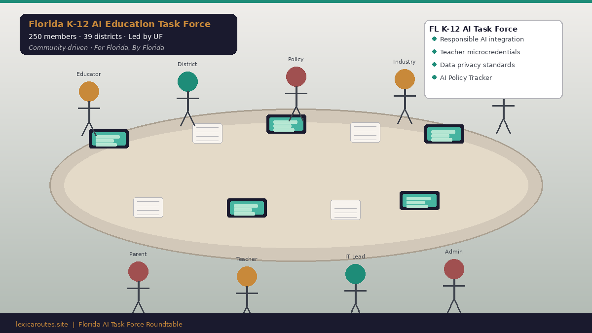 An informational education infographic titled Florida AI Task Force Roundtable on lexicaroutes.site. Set against a light gray background, the center illustrates a large oval conference table surrounded by color-coded stick-figure icons representing various stakeholders: Educator, District, Policy, Industry, Admin, IT Lead, Teacher, and Parent. The table surface features scattered green tablet screens and white text placeholder documents. A dark navy banner in the upper left details the Florida K-12 AI Education Task Force, noting 250 members, 39 districts, led by UF, with the tagline "Community-driven · For Florida, By Florida." In the upper right, a white panel outlines core focus areas for the FL K-12 AI Task Force: Responsible AI integration, Teacher microcredentials, Data privacy standards, and AI Policy Tracker.
