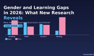 A featured promotional banner titled Gender and Learning Gaps in 2026: What New Research Reveals under the subtitle New data reshaping classrooms worldwide on lexicaroutes.site. A light blue pill badge reads EDUCATION | 2026. The dark navy layout displays a simplified, comparative bar chart with four paired subject categories mapping Boys (light blue bars) against Girls (pink bars): Reading (Boys lower, Girls higher); Math (Boys higher, Girls lower); Science (Boys slightly higher, Girls slightly lower); and Writing (Boys significantly lower, Girls significantly higher).