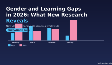 A featured promotional banner titled Gender and Learning Gaps in 2026: What New Research Reveals under the subtitle New data reshaping classrooms worldwide on lexicaroutes.site. A light blue pill badge reads EDUCATION | 2026. The dark navy layout displays a simplified, comparative bar chart with four paired subject categories mapping Boys (light blue bars) against Girls (pink bars): Reading (Boys lower, Girls higher); Math (Boys higher, Girls lower); Science (Boys slightly higher, Girls slightly lower); and Writing (Boys significantly lower, Girls significantly higher).