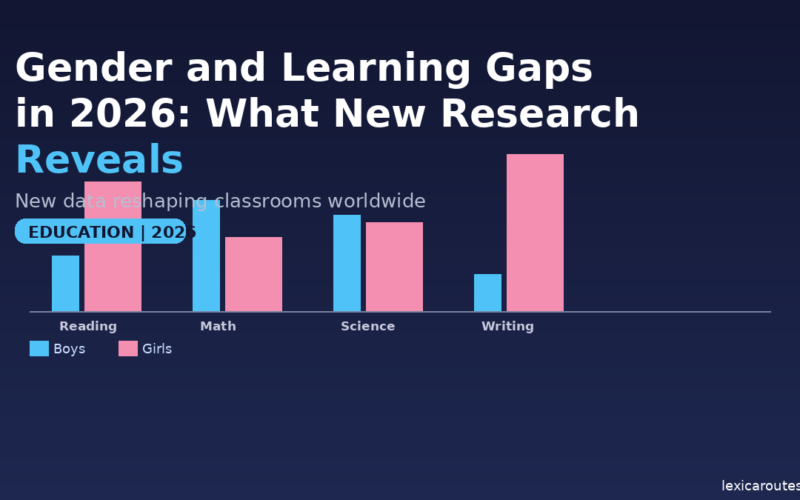 A featured promotional banner titled Gender and Learning Gaps in 2026: What New Research Reveals under the subtitle New data reshaping classrooms worldwide on lexicaroutes.site. A light blue pill badge reads EDUCATION | 2026. The dark navy layout displays a simplified, comparative bar chart with four paired subject categories mapping Boys (light blue bars) against Girls (pink bars): Reading (Boys lower, Girls higher); Math (Boys higher, Girls lower); Science (Boys slightly higher, Girls slightly lower); and Writing (Boys significantly lower, Girls significantly higher).
