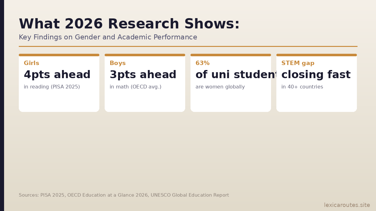 An informational education infographic titled What 2026 Research Shows: Key Findings on Gender and Academic Performance on lexicaroutes.site, citing sources from PISA 2025, OECD Education at a Glance 2026, and UNESCO Global Education Report. Set against a light beige background, four side-by-side white data blocks with orange top borders display key statistical findings: Girls (4pts ahead in reading (PISA 2025)); Boys (3pts ahead in math (OECD avg.)); 63% of uni students are women globally; and STEM gap closing fast in 40+ countries.