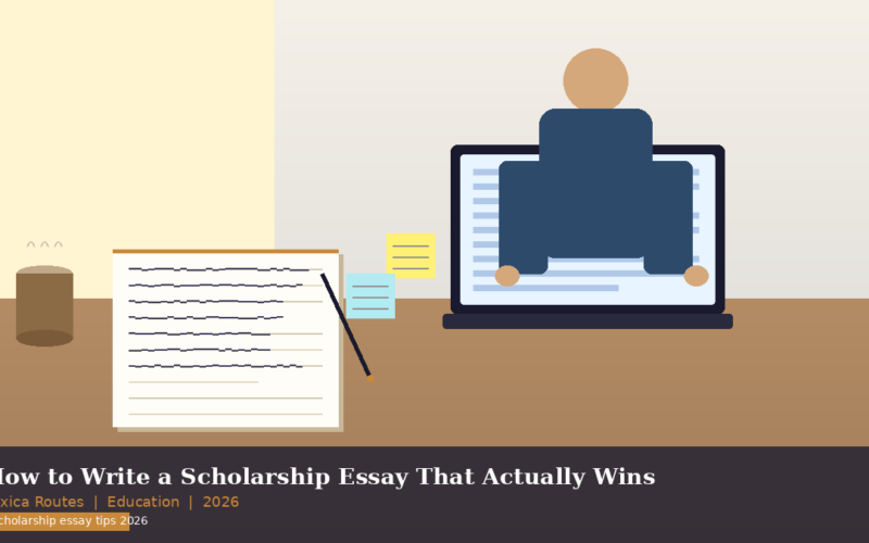 A featured promotional banner titled How Write a Scholarship Essay That Actually Wins on lexicaroutes.site, with a bottom left credit reading Lexica Routes | Education | 2026 above a gold pill badge that reads scholarship essay tips 2026. Set against a minimalist brown desk backdrop, the layout features a central workspace containing an open laptop showing a rear-view icon of a student sitting at the screen. To the left sits a legal paper notepad filled with horizontal text placeholder bars and a slanted black pencil, accented by small yellow and teal sticky notes in the middle and a brown coffee mug on the far left emitting heat waves.