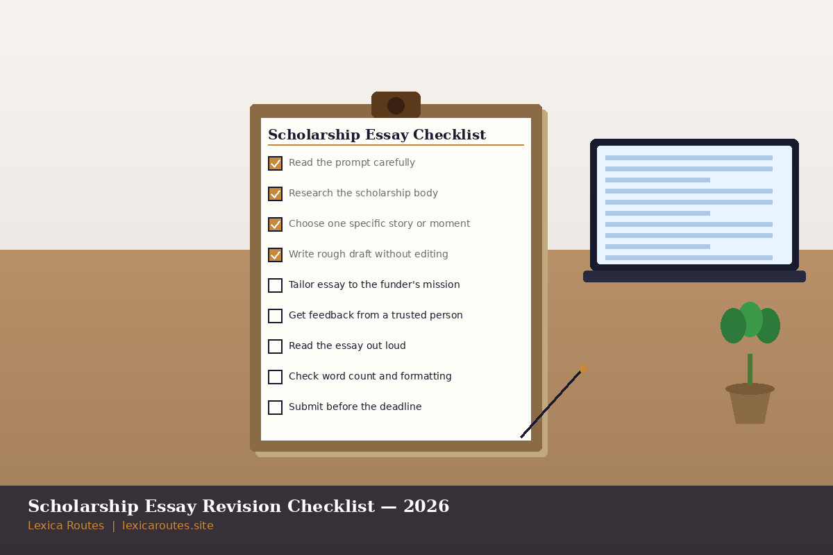 An informational education infographic titled Scholarship Essay Revision Checklist — 2026 on lexicaroutes.site. Set against a minimalist dual-tone background showing a brown desk surface, a large clipboard displays a "Scholarship Essay Checklist" containing nine steps. The first four steps feature checked gold boxes: Read the prompt carefully, Research the scholarship body, Choose one specific story or moment, and Write rough draft without editing. The remaining five items have empty checkbox squares: Tailor essay to the funder's mission, Get feedback from a trusted person, Read the essay out loud, Check word count and formatting, and Submit before the deadline. The desk setting is accented on the right by an open laptop with light blue horizontal text lines and a small green potted plant.