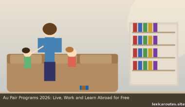 A featured promotional banner titled Au Pair Programs 2026: Live, Work and Learn Abroad for Free on lexicaroutes.site. The flat vector design depicts an abstract au pair figure from behind wearing a blue shirt and dark trousers, standing next to a large brown sofa. Two small children are visible behind the sofa, one on the left in a green shirt raising a hand, and one on the right in a red shirt. To the right, a beige bookshelf contains neatly stacked, colorful books arranged across four shelves under a soft, circular background light.