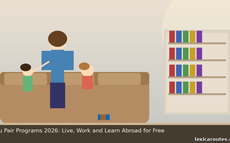 A featured promotional banner titled Au Pair Programs 2026: Live, Work and Learn Abroad for Free on lexicaroutes.site. The flat vector design depicts an abstract au pair figure from behind wearing a blue shirt and dark trousers, standing next to a large brown sofa. Two small children are visible behind the sofa, one on the left in a green shirt raising a hand, and one on the right in a red shirt. To the right, a beige bookshelf contains neatly stacked, colorful books arranged across four shelves under a soft, circular background light.
