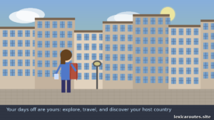 An informational education and travel infographic banner titled Your days off are yours: explore, travel, and discover your host country on lexicaroutes.site. The flat vector illustration features a female student seen from behind, wearing a blue jacket and dark trousers, holding a white document or passport in one hand and carrying an orange backpack over her shoulder. She is standing on a tiled pavement, looking out toward a dense row of grey urban apartment buildings or campus structures with blue grid windows under a pale blue sky with minimalist white clouds and a soft yellow sun.