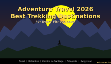 A featured promotional banner titled Adventure Travel 2026: Best Trekking Destinations under the subtitle For Every Fitness Level on lexicaroutes.site. The minimalist flat vector design illustrates a dark silhouette of a trekker walking with a hiking pole across a low green hill in the foreground. Behind them rises a wide range of jagged, multi-layered blue and slate mountain peaks. A large bright yellow sun sets directly behind the central mountain peak under a dark purple-to-black night sky gradient. The bottom black footer lists target destinations: Nepal | Dolomites | Camino de Santiago | Patagonia | Kyrgyzstan.
