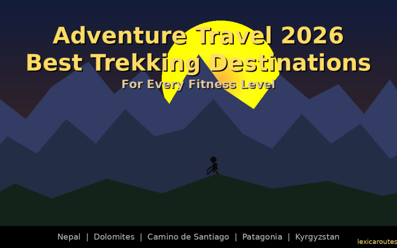 A featured promotional banner titled Adventure Travel 2026: Best Trekking Destinations under the subtitle For Every Fitness Level on lexicaroutes.site. The minimalist flat vector design illustrates a dark silhouette of a trekker walking with a hiking pole across a low green hill in the foreground. Behind them rises a wide range of jagged, multi-layered blue and slate mountain peaks. A large bright yellow sun sets directly behind the central mountain peak under a dark purple-to-black night sky gradient. The bottom black footer lists target destinations: Nepal | Dolomites | Camino de Santiago | Patagonia | Kyrgyzstan.