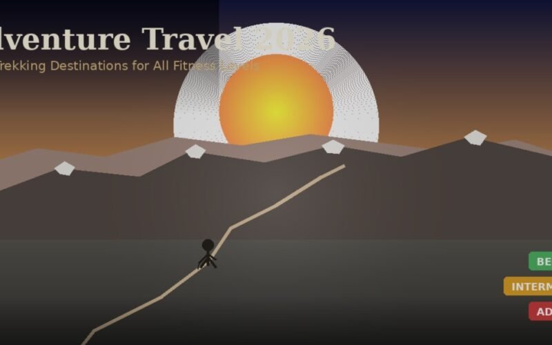 A featured promotional banner titled Adventure Travel 2026 under the subtitle Best Trekking Destinations for All Fitness Levels on Lexica Routes. The minimalist flat vector design portrays a stick figure hiker climbing an ascending tan trail line over a dark grey hill in the foreground. The background features brown mountain ridges under a dark sky where a large yellow-orange sun sets, surrounded by a white semi-circular geometric aura. On the lower right, three color-coded difficulty tags are stacked vertically: a green BEGINNER badge, a yellow INTERMEDIATE badge, and a red ADVANCED badge.
