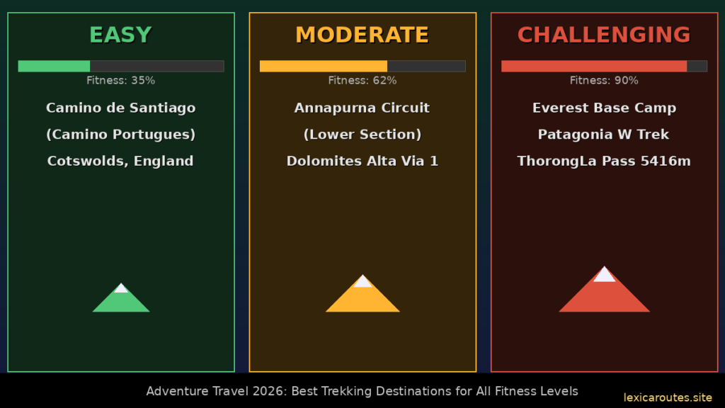 An informational adventure tourism infographic titled Adventure Travel 2026: Best Trekking Destinations for All Fitness Levels on lexicaroutes.site. The dark layout features three side-by-side, color-coded destination cards structured by difficulty: an EASY card with a green mountain icon and a Fitness: 35% loading bar listing Camino de Santiago (Camino Portugues) and Cotswolds, England; a MODERATE card with an orange mountain icon and a Fitness: 62% loading bar listing Annapurna Circuit (Lower Section) and Dolomites Alta Via 1; and a CHALLENGING card with a red mountain icon and a Fitness: 90% loading bar listing Everest Base Camp, Patagonia W Trek, and ThorongLa Pass 5416m.