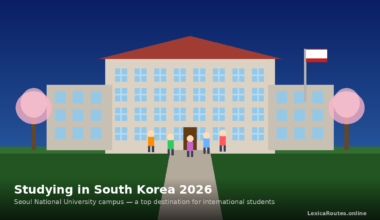 A featured promotional banner titled Studying in South Korea 2026 under the subtitle Seoul National University campus — a top destination for international students on LexicaRoutes.online. The flat vector illustration displays a large beige university building with a red gabled roof and light blue windows under a dark blue night sky. Five abstract, colorful stick-figure students stand along a grey walkway leading up to the main brown entrance doors. The campus grounds feature green lawns, a red and white flag flying on a pole to the right, and two symmetrical pink cherry blossom trees framing the building.