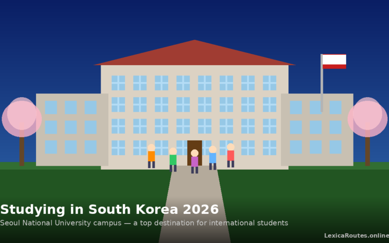 A featured promotional banner titled Studying in South Korea 2026 under the subtitle Seoul National University campus — a top destination for international students on LexicaRoutes.online. The flat vector illustration displays a large beige university building with a red gabled roof and light blue windows under a dark blue night sky. Five abstract, colorful stick-figure students stand along a grey walkway leading up to the main brown entrance doors. The campus grounds feature green lawns, a red and white flag flying on a pole to the right, and two symmetrical pink cherry blossom trees framing the building.