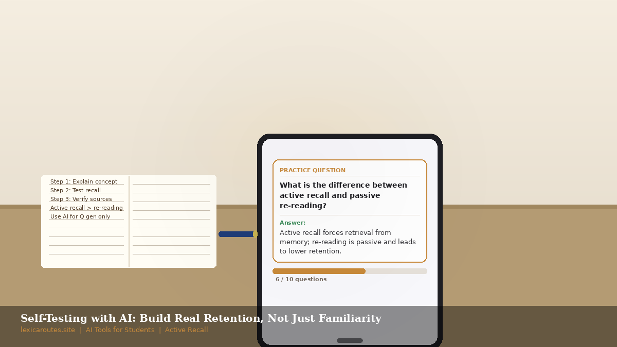 An informational study method infographic titled Self-Testing with AI: Build Real Retention, Not Just Familiarity on lexicaroutes.site, with a gray footer reading AI Tools for Students | Active Recall. Set against a minimalist cream-and-brown backdrop, a large vertical tablet interface on the right displays a "PRACTICE QUESTION" block: "What is the difference between active recall and passive re-reading?" below which a green header marks the Answer: "Active recall forces retrieval from memory; re-reading is passive and leads to lower retention." A gold progress tracking bar underneath indicates "6 / 10 questions". To the left, an open white study notebook lists study steps: Step 1: Explain concept, Step 2: Test recall, Step 3: Verify sources, Active recall > re-reading, and Use AI for Q gen only.