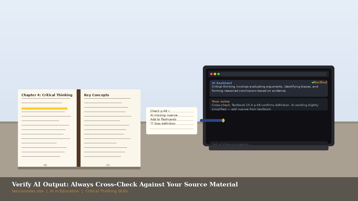 An informational study method infographic titled Verify AI Output: Always Cross-Check Against Your Source Material on lexicaroutes.site, featuring a bottom left footer reading AI in Education | Critical Thinking Skills. Set against a minimalist brown desk backdrop under a light blue sky, the layout displays an open textbook on the left turned to page 48 and 49, titled "Chapter 4: Critical Thinking" and "Key Concepts" with horizontal text lines. On the right, a dark gray chatbot window contains a response from an AI Assistant marked with a green checkmark as "Verified" stating, "Critical thinking involves evaluating arguments, identifying biases, and forming reasoned conclusions based on evidence." Beneath it, a "Your notes" section states, "Cross-check: Textbook Ch.4 p.48 confirms definition. AI wording slightly simplified — add nuance from textbook." A small white sticky note between the textbook and screen outlines a checklist: Check p.48, AI missing nuance, Add to flashcards, and ?? bias definition.