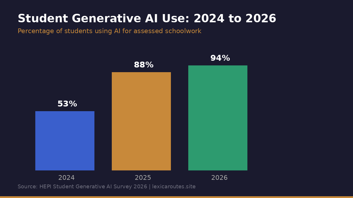 An informational education infographic bar chart titled Student Generative AI Use: 2024 to 2026 under the orange descriptive subtitle Percentage of students using AI for assessed schoolwork on lexicaroutes.site, citing Source: HEPI Student Generative AI Survey 2026. Set against a dark navy layout, three vertical colored bars illustrate data growth over a three-year period: the 2024 bar is blue at 53%, the 2025 bar is gold at 88%, and the 2026 bar is green at 94%.