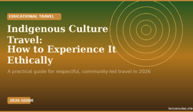 A featured promotional banner titled Indigenous Culture Travel: How to Experience It Ethically under a brown EDUCATIONAL TRAVEL badge and the subtitle A practical guide for respectful, community-led travel in 2026 on lexicaroutes.site. The design features a smooth green-to-brown gradient background with five thin, gold concentric target circles on the upper right side. A small brown badge in the lower left corner reads 2026 GUIDE.