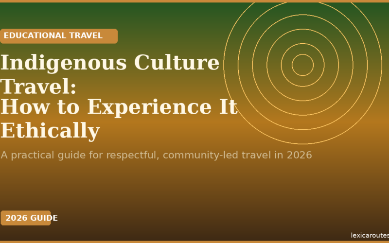 A featured promotional banner titled Indigenous Culture Travel: How to Experience It Ethically under a brown EDUCATIONAL TRAVEL badge and the subtitle A practical guide for respectful, community-led travel in 2026 on lexicaroutes.site. The design features a smooth green-to-brown gradient background with five thin, gold concentric target circles on the upper right side. A small brown badge in the lower left corner reads 2026 GUIDE.