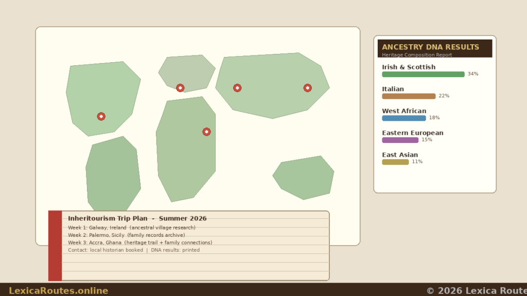 n informational genealogy travel infographic titled ANCESTRY DNA RESULTS: Heritage Composition Report and Inheritourism Trip Plan - Summer 2026 on LexicaRoutes.online. The cream-colored interface maps out simplified green continental landmasses with small red target pins designating specific destinations. A right-hand card displays a percentage breakdown of genetic heritage: Irish & Scottish (34%), Italian (22%), West African (18%), Eastern European (15%), and East Asian (11%). A lower-left notebook element outlines a 3-week travel itinerary: Week 1: Galway, Ireland (ancestral village research), Week 2: Palermo, Sicily (family records archive), and Week 3: Accra, Ghana (heritage trail + family connections), with a status note: local historian booked | DNA results: printed.