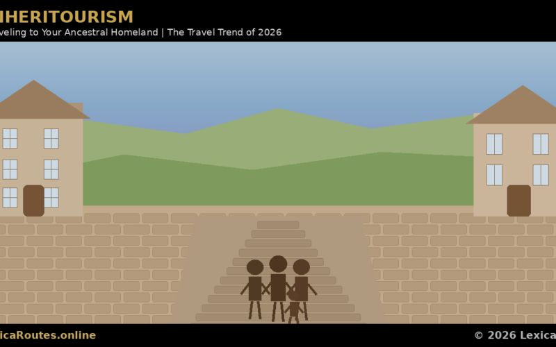 A featured promotional banner titled INHERITOURISM under the subtitle Traveling to Your Ancestral Homeland | The Travel Trend of 2026 on LexicaRoutes.online. The flat vector illustration displays a landscape bordered by a light blue sky and rolling green hills. On opposite sides of a tan brick courtyard stand two beige multi-story residential buildings with brown roofs and doors. In the center, a stick-figure family of four (two adults and two children) stands hand-in-hand atop a set of symmetrical tan stone steps leading down into the foreground.
