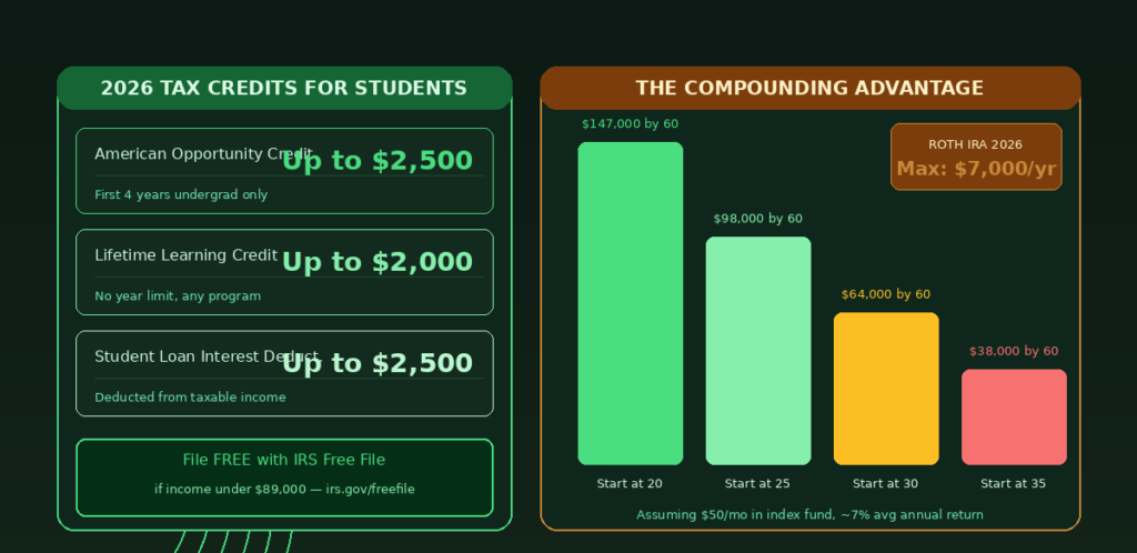 An informational finance infographic titled 2026 TAX CREDITS FOR STUDENTS and THE COMPOUNDING ADVANTAGE on Lexica Routes. The left card outlines collegiate tax incentives: American Opportunity Credit (Up to $2,500, First 4 years undergrad only), Lifetime Learning Credit (Up to $2,000, No year limit, any program), Student Loan Interest Deduct (Up to $2,500, Deducted from taxable income), and an IRS Free File tip (File FREE if income under $89,000 via irs.gov/freefile). The right card shows a bar chart mapping out compounding returns by age 60 assuming a $50/month index fund investment at a ~7% average annual return: Start at 20 ($147,000 by 60), Start at 25 ($98,000 by 60), Start at 30 ($64,000 by 60), and Start at 35 ($38,000 by 60), alongside a Roth IRA 2026 badge showing a Max of $7,000/yr.