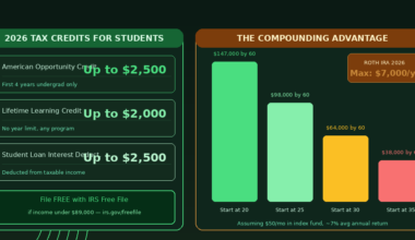 An informational finance infographic titled 2026 TAX CREDITS FOR STUDENTS and THE COMPOUNDING ADVANTAGE on Lexica Routes. The left card outlines collegiate tax incentives: American Opportunity Credit (Up to $2,500, First 4 years undergrad only), Lifetime Learning Credit (Up to $2,000, No year limit, any program), Student Loan Interest Deduct (Up to $2,500, Deducted from taxable income), and an IRS Free File tip (File FREE if income under $89,000 via irs.gov/freefile). The right card shows a bar chart mapping out compounding returns by age 60 assuming a $50/month index fund investment at a ~7% average annual return: Start at 20 ($147,000 by 60), Start at 25 ($98,000 by 60), Start at 30 ($64,000 by 60), and Start at 35 ($38,000 by 60), alongside a Roth IRA 2026 badge showing a Max of $7,000/yr.
