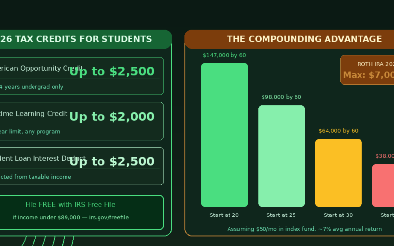 An informational finance infographic titled 2026 TAX CREDITS FOR STUDENTS and THE COMPOUNDING ADVANTAGE on Lexica Routes. The left card outlines collegiate tax incentives: American Opportunity Credit (Up to $2,500, First 4 years undergrad only), Lifetime Learning Credit (Up to $2,000, No year limit, any program), Student Loan Interest Deduct (Up to $2,500, Deducted from taxable income), and an IRS Free File tip (File FREE if income under $89,000 via irs.gov/freefile). The right card shows a bar chart mapping out compounding returns by age 60 assuming a $50/month index fund investment at a ~7% average annual return: Start at 20 ($147,000 by 60), Start at 25 ($98,000 by 60), Start at 30 ($64,000 by 60), and Start at 35 ($38,000 by 60), alongside a Roth IRA 2026 badge showing a Max of $7,000/yr.