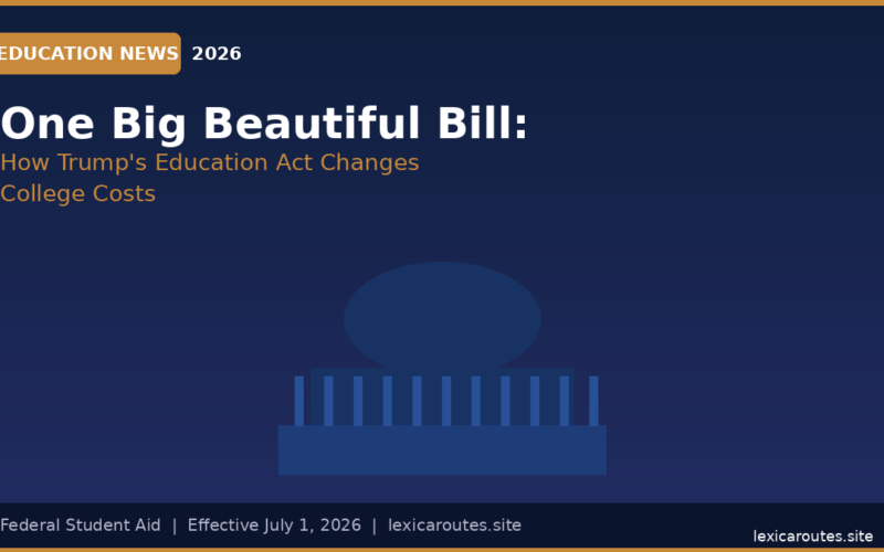 A featured promotional banner titled One Big Beautiful Bill: How Trump's Education Act Changes College Costs on lexicaroutes.site. A gold pill badge in the upper left corner reads EDUCATION NEWS 2026. Set against a dark navy layout, a minimalist graphic icon of a government building with a dome and pillars sits centered near the bottom. The bottom footer bar includes the details Federal Student Aid | Effective July 1, 2026 | lexicaroutes.site.