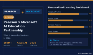 A featured promotional banner titled Pearson x Microsoft AI Education Partnership under the subtitle What It Means for Students in 2026 on lexicaroutes.site. The dark navy layout contains an AI-POWERED orange badge next to a box pairing PEARSON + MICROSOFT. Below the title, three status points read 160M+ Learners, Azure AI Platform, and 2026 Live Now. The right side features a Personalized Learning Dashboard with four horizontal progress bars: Adaptive Practice (78%), AI Hint Usage (62%), Concept Mastery (91%), and Study Streak (55%). Below the metrics, an AI Tutor chat bubble states, "It looks like you're struggling with this step. Let me show it a different way