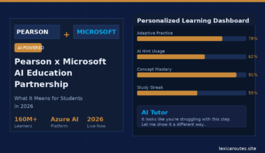 A featured promotional banner titled Pearson x Microsoft AI Education Partnership under the subtitle What It Means for Students in 2026 on lexicaroutes.site. The dark navy layout contains an AI-POWERED orange badge next to a box pairing PEARSON + MICROSOFT. Below the title, three status points read 160M+ Learners, Azure AI Platform, and 2026 Live Now. The right side features a Personalized Learning Dashboard with four horizontal progress bars: Adaptive Practice (78%), AI Hint Usage (62%), Concept Mastery (91%), and Study Streak (55%). Below the metrics, an AI Tutor chat bubble states, "It looks like you're struggling with this step. Let me show it a different way