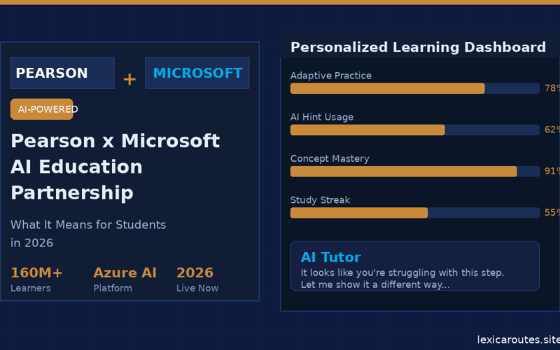 A featured promotional banner titled Pearson x Microsoft AI Education Partnership under the subtitle What It Means for Students in 2026 on lexicaroutes.site. The dark navy layout contains an AI-POWERED orange badge next to a box pairing PEARSON + MICROSOFT. Below the title, three status points read 160M+ Learners, Azure AI Platform, and 2026 Live Now. The right side features a Personalized Learning Dashboard with four horizontal progress bars: Adaptive Practice (78%), AI Hint Usage (62%), Concept Mastery (91%), and Study Streak (55%). Below the metrics, an AI Tutor chat bubble states, "It looks like you're struggling with this step. Let me show it a different way
