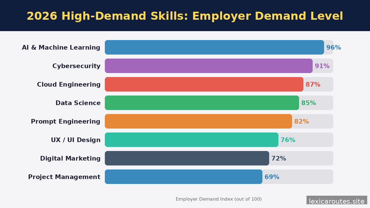 An informational employment infographic titled 2026 High-Demand Skills: Employer Demand Level on lexicaroutes.site, with a bottom axis label reading Employer Demand Index (out of 100). Set against a light grey background, a vertical bar chart maps out eight top skill competencies using colored horizontal progress bars marked with percentage values: AI & Machine Learning (96%) in blue; Cybersecurity (91%) in purple; Cloud Engineering (87%) in red; Data Science (85%) in green; Prompt Engineering (82%) in orange; UX / UI Design (76%) in teal; Digital Marketing (72%) in dark grey; and Project Management (69%) in light blue.