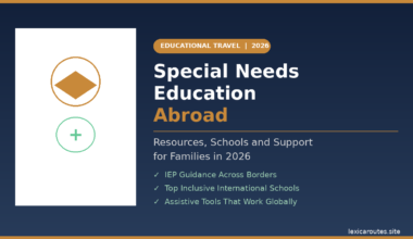 A featured promotional banner titled Special Needs Education Abroad under an orange pill badge reading EDUCATIONAL TRAVEL | 2026 and the descriptive subtitle Resources, Schools and Support for Families in 2026 on lexicaroutes.site. The dark navy layout displays a vertical white rectangular block on the left side featuring two clean minimalist circle icons: a gold diamond inside a gold circle on top, and a green cross symbol inside a green circle on the bottom. On the right side, three green checkmarks outline the core guide provisions: IEP Guidance Across Borders, Top Inclusive International Schools, and Assistive Tools That Work Globally.