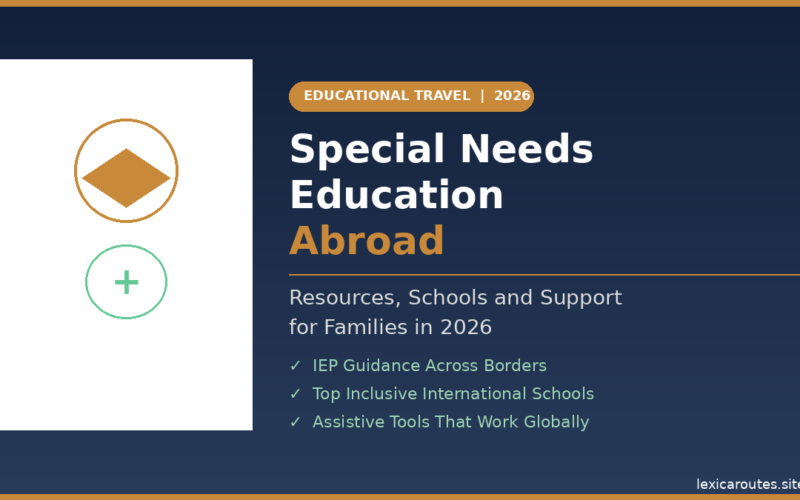 A featured promotional banner titled Special Needs Education Abroad under an orange pill badge reading EDUCATIONAL TRAVEL | 2026 and the descriptive subtitle Resources, Schools and Support for Families in 2026 on lexicaroutes.site. The dark navy layout displays a vertical white rectangular block on the left side featuring two clean minimalist circle icons: a gold diamond inside a gold circle on top, and a green cross symbol inside a green circle on the bottom. On the right side, three green checkmarks outline the core guide provisions: IEP Guidance Across Borders, Top Inclusive International Schools, and Assistive Tools That Work Globally.