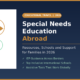 A featured promotional banner titled Special Needs Education Abroad under an orange pill badge reading EDUCATIONAL TRAVEL | 2026 and the descriptive subtitle Resources, Schools and Support for Families in 2026 on lexicaroutes.site. The dark navy layout displays a vertical white rectangular block on the left side featuring two clean minimalist circle icons: a gold diamond inside a gold circle on top, and a green cross symbol inside a green circle on the bottom. On the right side, three green checkmarks outline the core guide provisions: IEP Guidance Across Borders, Top Inclusive International Schools, and Assistive Tools That Work Globally.
