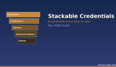 A featured promotional banner titled Stackable Credentials under the gold subtitle Build Qualifications Step by Step and the tracking label Your 2026 Guide on lexicaroutes.site. The dark navy layout displays a staggered, step-like vertical stack of five shaded brown and tan boxes on the left side, starting from a light tan at the top and getting progressively darker down to a deep brown at the base. The stacked boxes represent a sequential path: Certificate I, Certificate II, Diploma, Advanced Diploma, and Degree.