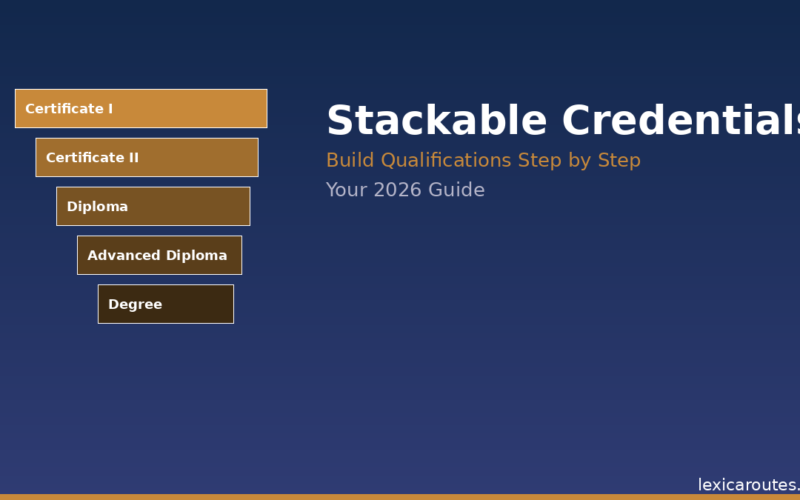 A featured promotional banner titled Stackable Credentials under the gold subtitle Build Qualifications Step by Step and the tracking label Your 2026 Guide on lexicaroutes.site. The dark navy layout displays a staggered, step-like vertical stack of five shaded brown and tan boxes on the left side, starting from a light tan at the top and getting progressively darker down to a deep brown at the base. The stacked boxes represent a sequential path: Certificate I, Certificate II, Diploma, Advanced Diploma, and Degree.
